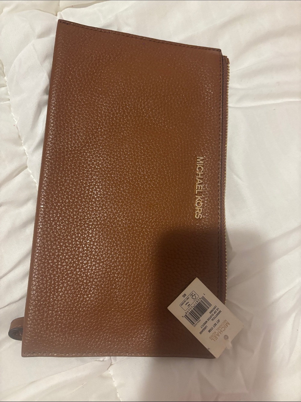 Michael Kors Brown Pebbled Leather Zip Pouch with Gold Logo